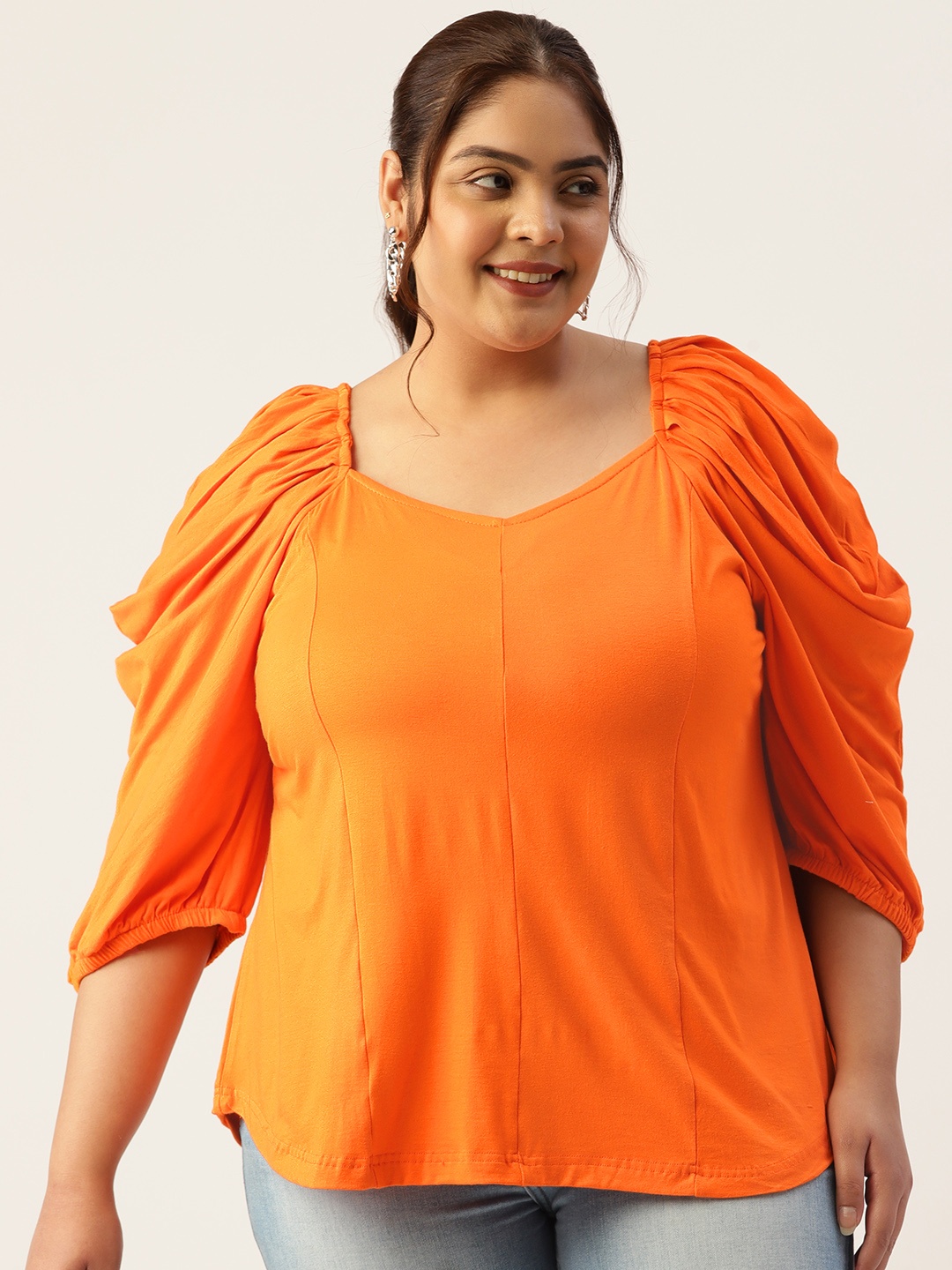 

theRebelinme Plus Size Sweetheart Neck Puff Sleeves Longline Top, Orange