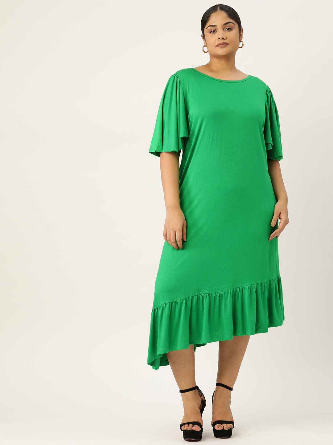 

theRebelinme Plus Size Flared Sleeves A-Line Midi Dress, Green