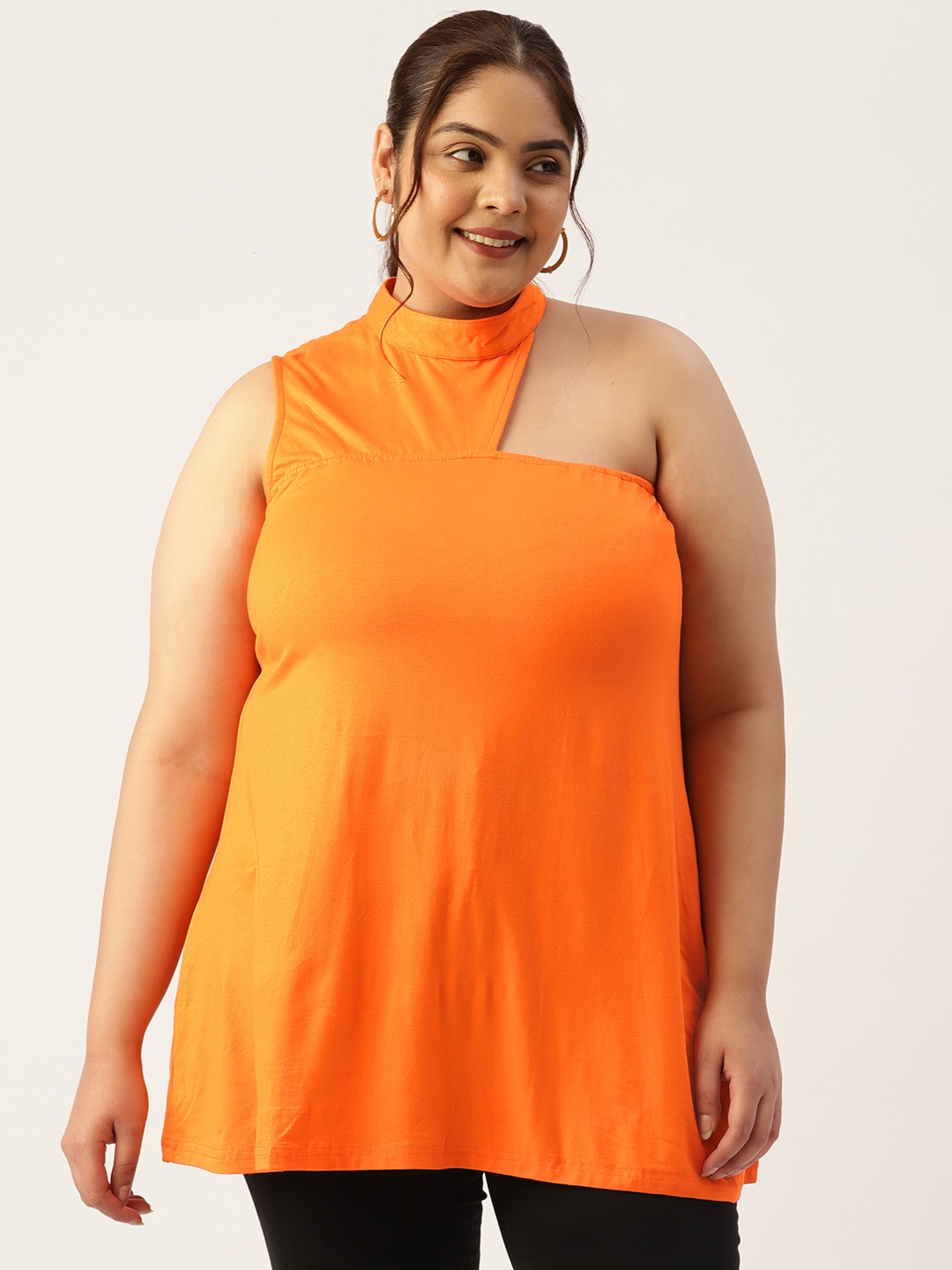 

theRebelinme Plus Size High Neck Longline Top With Cut-Out Detail, Orange