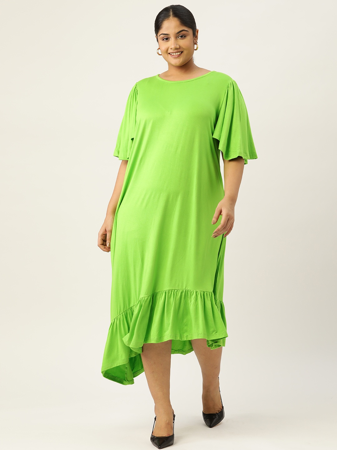 

theRebelinme Plus Size Flared Sleeves A-Line Midi Dress, Green