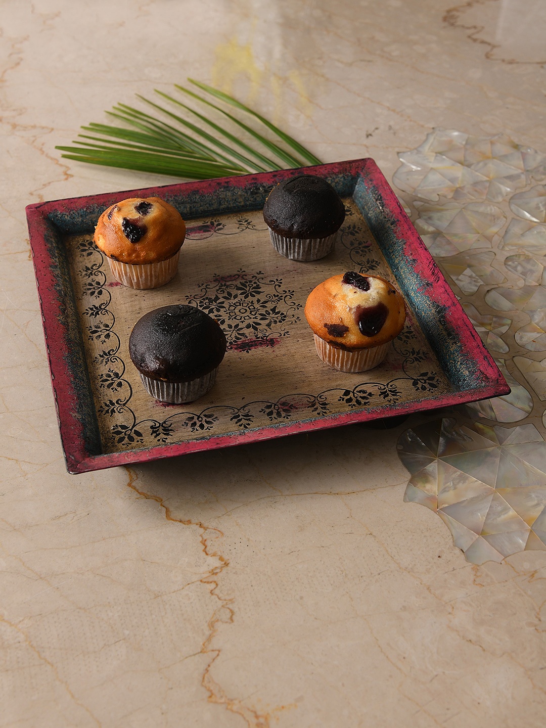 

Amoliconcepts Beige & Red Printed Iron Food Platter With Antique Patina