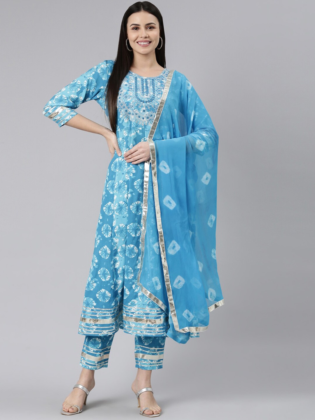 

ERISHA Floral Printed Mirror Work Regular Kurta With Trousers & Dupatta, Blue