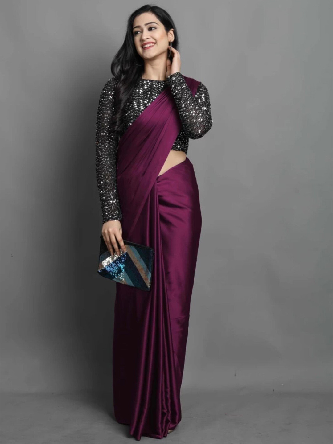 

ORUS Solid Satin Saree With Blouse Piece, Magenta