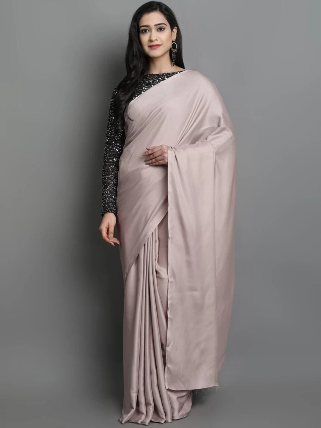 

ORUS Solid Satin Saree With Blouse Piece, Silver