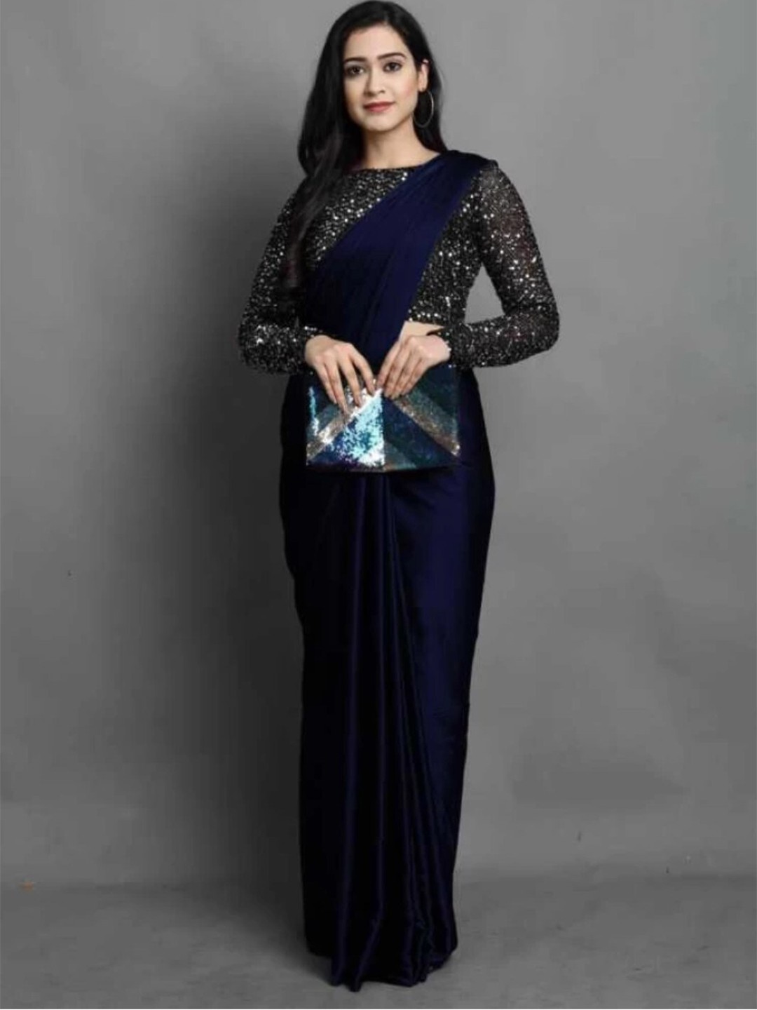 

ORUS Solid Satin Saree With Blouse Piece, Navy blue