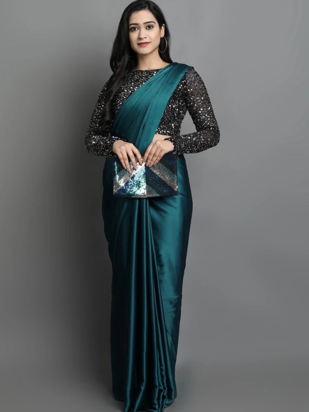 

ORUS Solid Satin Saree With Blouse Piece, Teal