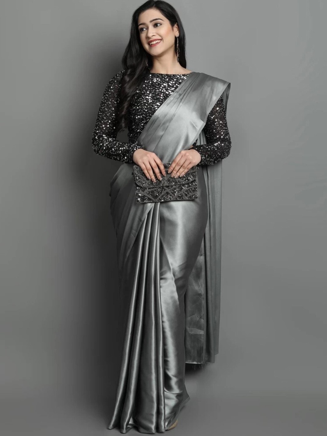 

ORUS Solid Satin Saree With Blouse Piece, Grey