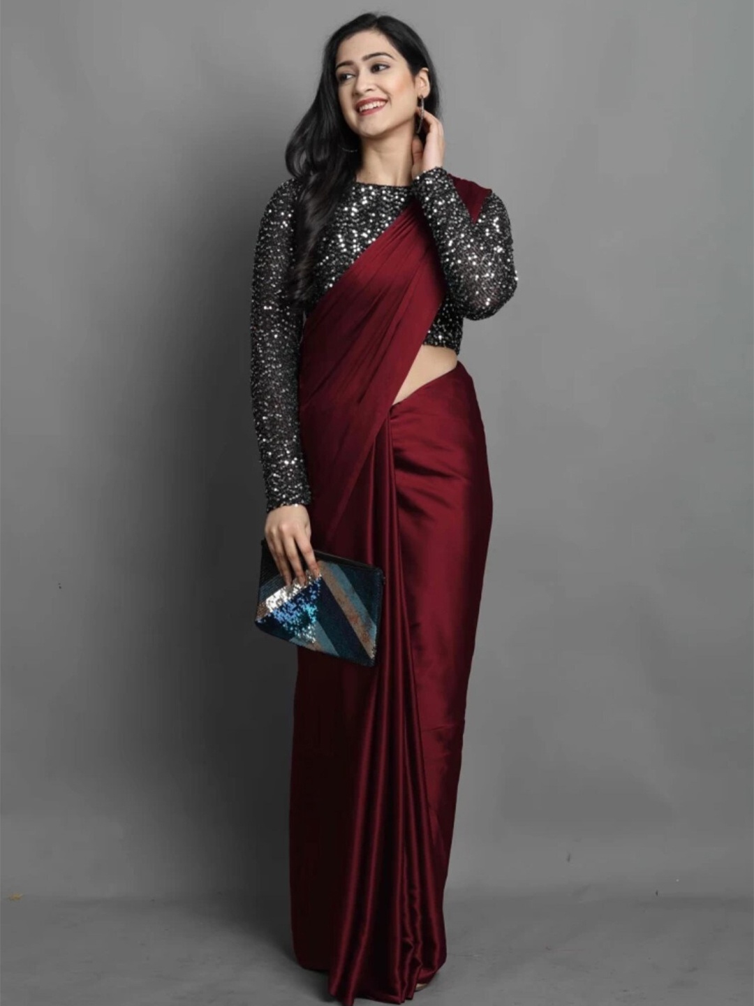 

ORUS Solid Satin Saree With Blouse Piece, Maroon