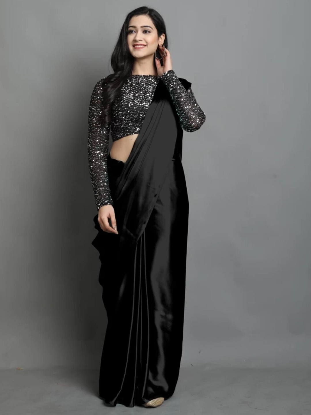 

ORUS Solid Satin Saree With Blouse Piece, Black