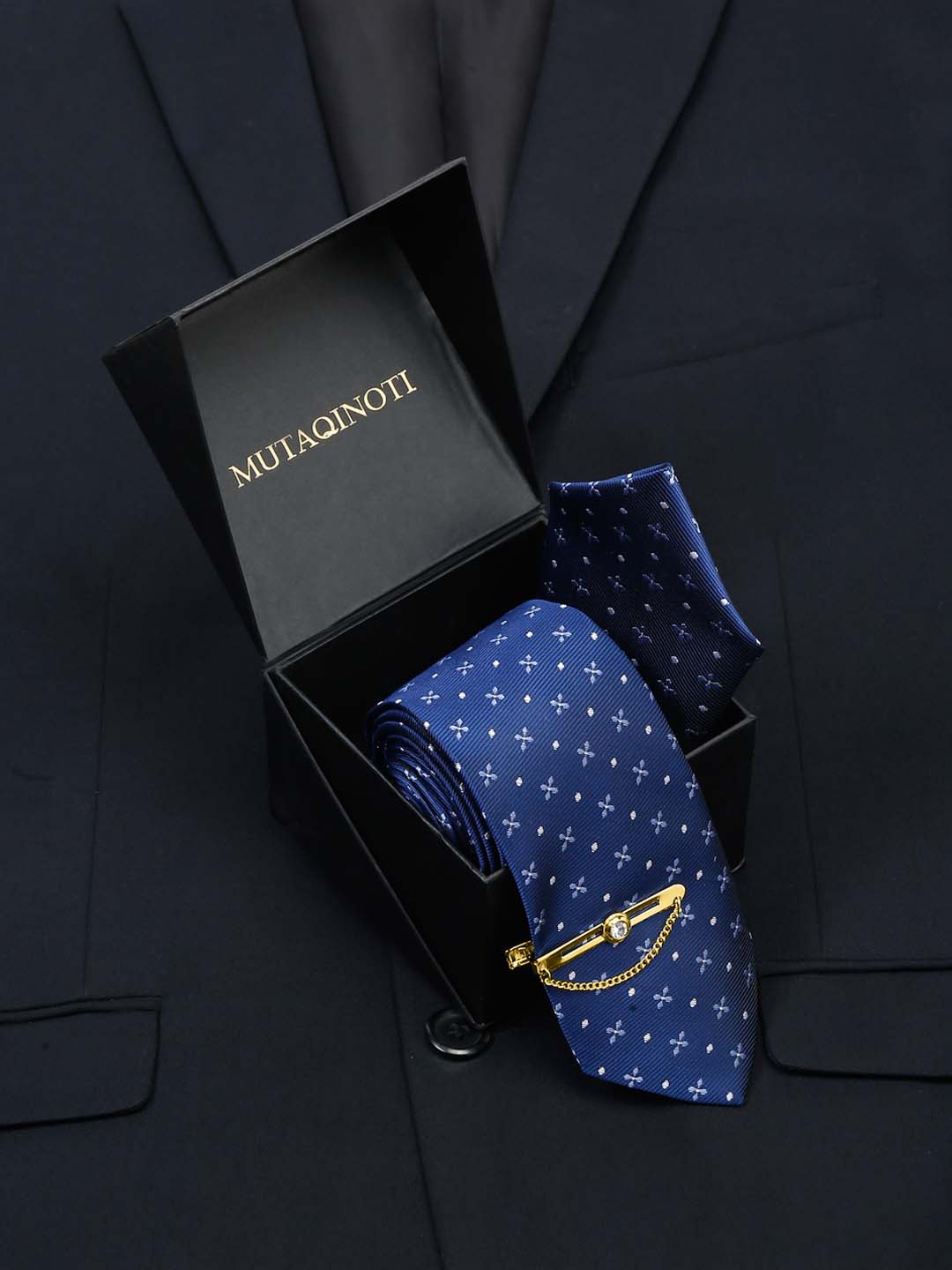 

MUTAQINOTI Men Woven Design Silk Formal Accessory Gift Set, Blue