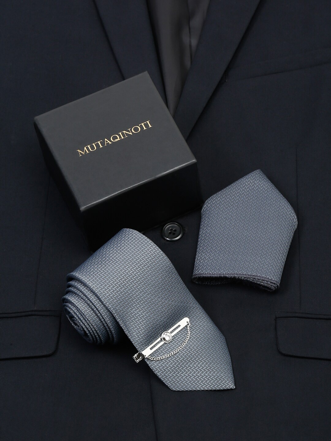 

MUTAQINOTI Men Silk Formal Necktie & Pocket Square & Tiepin Accessory Gift Set, Grey