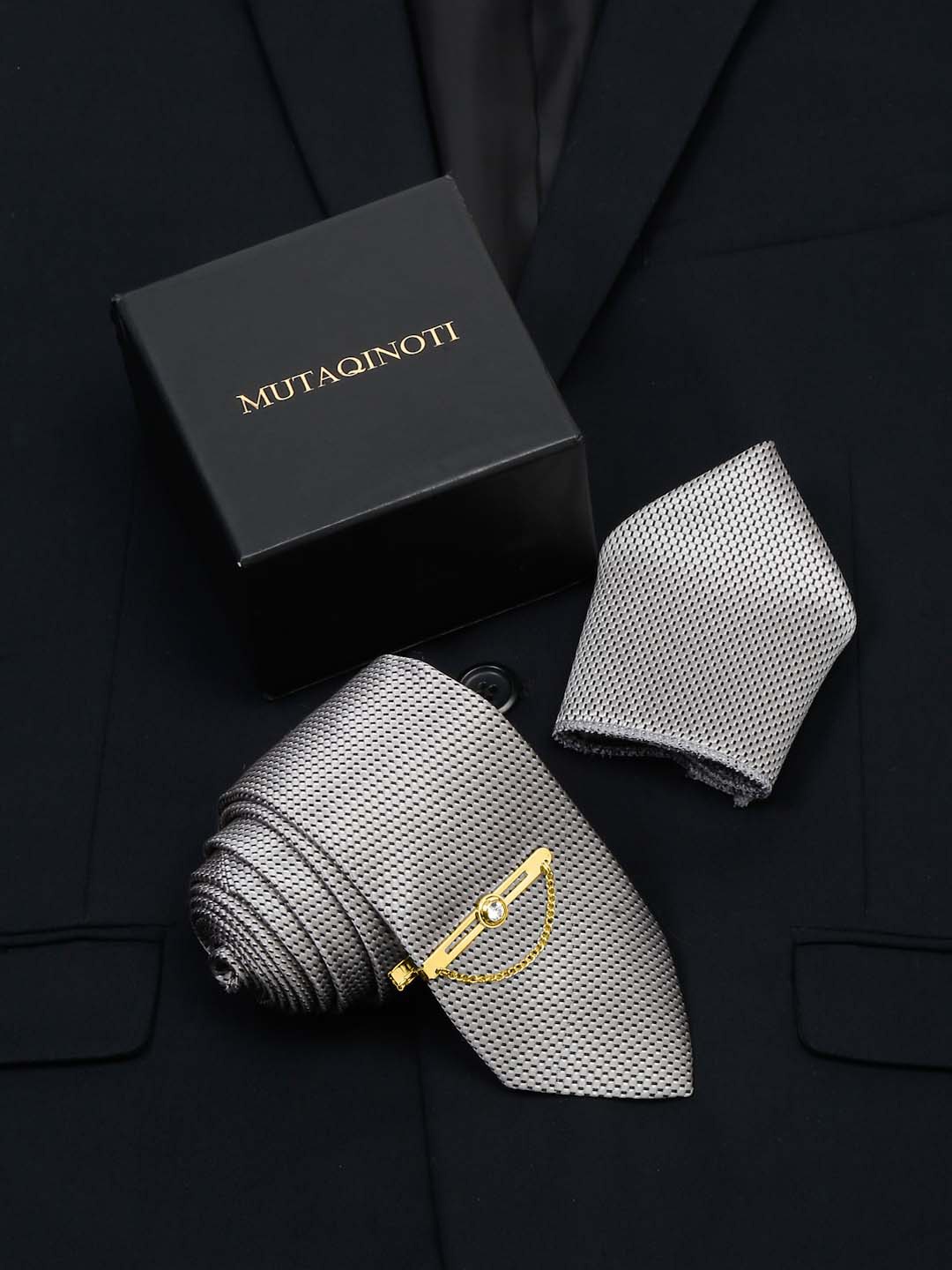 

MUTAQINOTI Men Silk Blend Necktie Accessory Gift Set, Grey