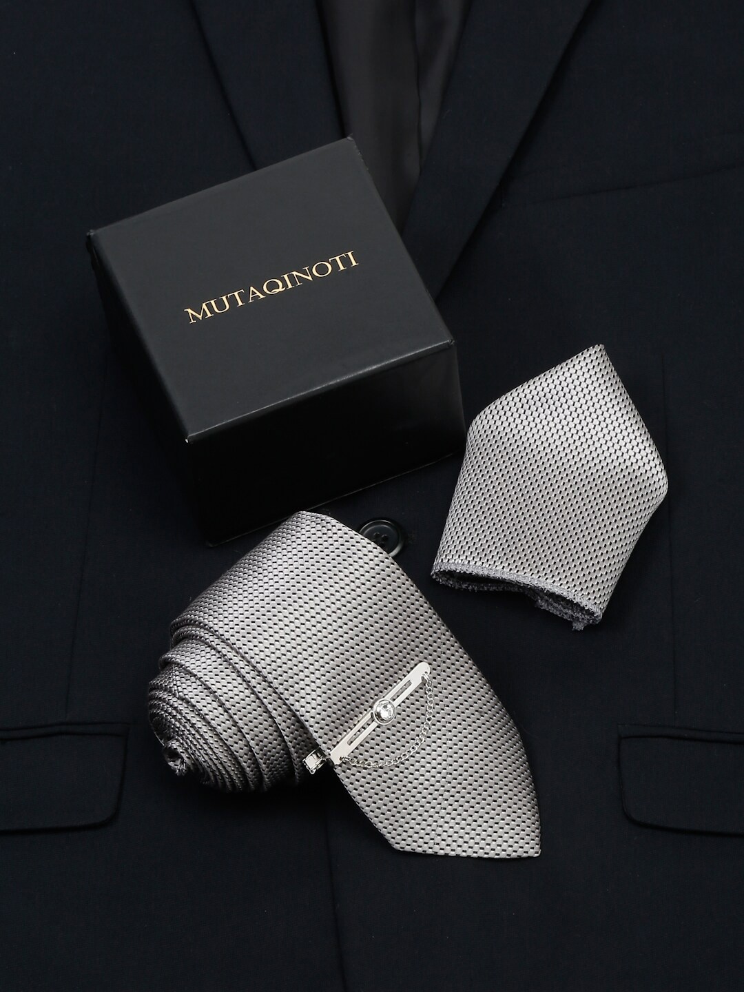 

MUTAQINOTI Men Silk Formal Necktie Accessory Gift Set, Grey