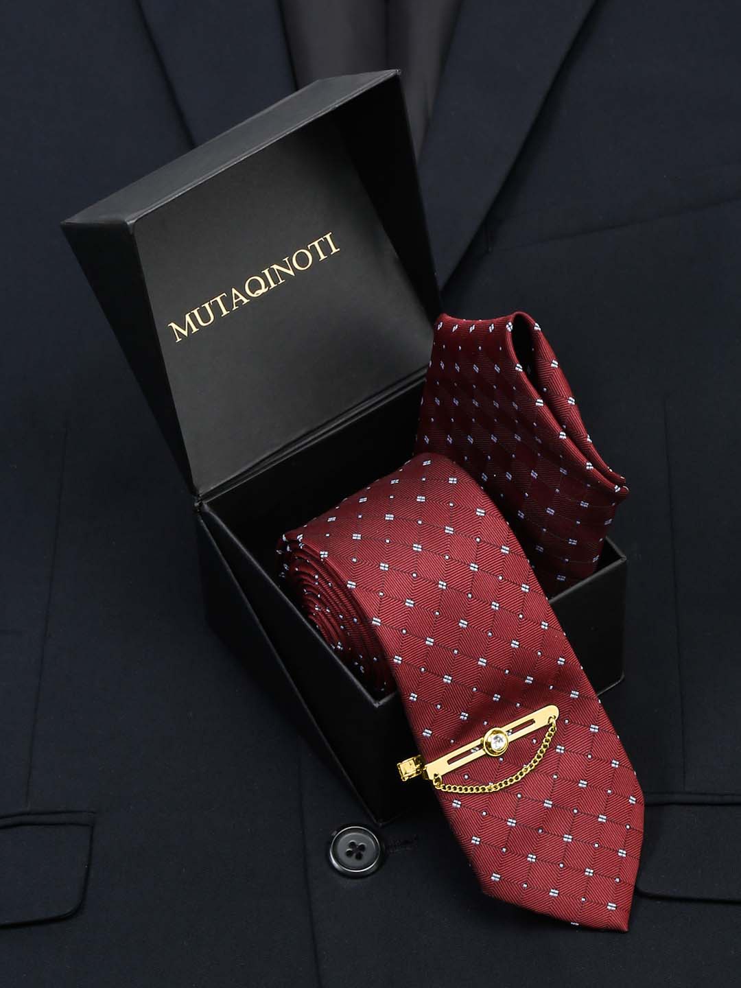 

MUTAQINOTI Men Printed Silk Formal Accessory Gift Set, Maroon