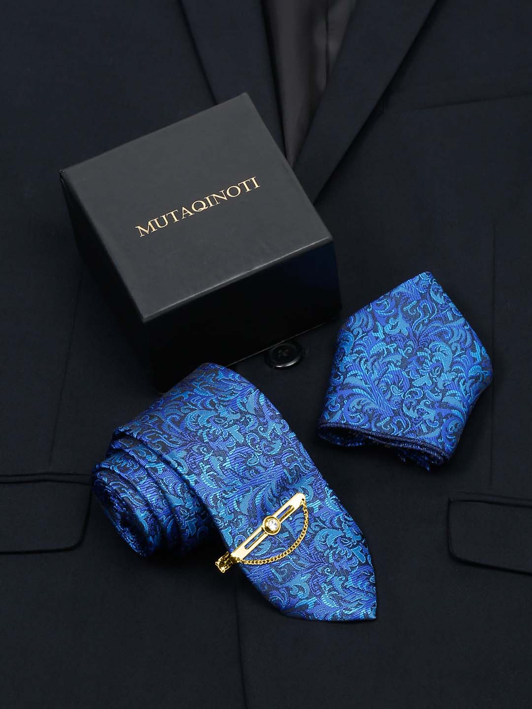 

MUTAQINOTI Men Silk Blend Necktie Accessory Gift Set, Blue