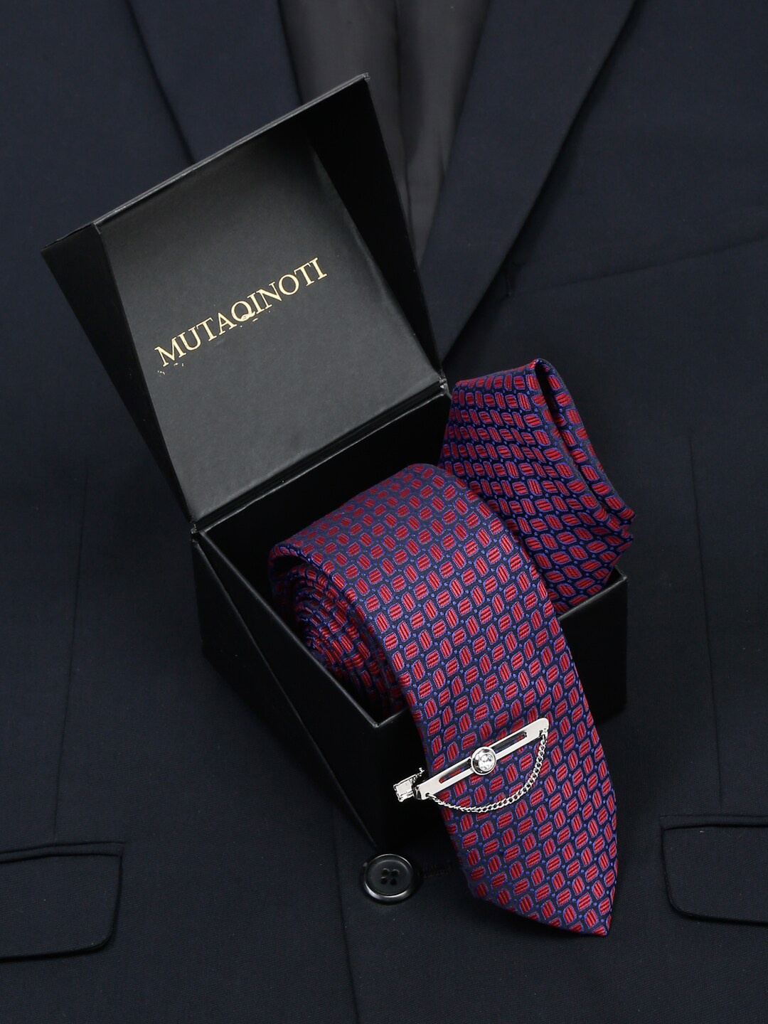

MUTAQINOTI Men Checked Silk Formal Accessory Gift Set, Burgundy