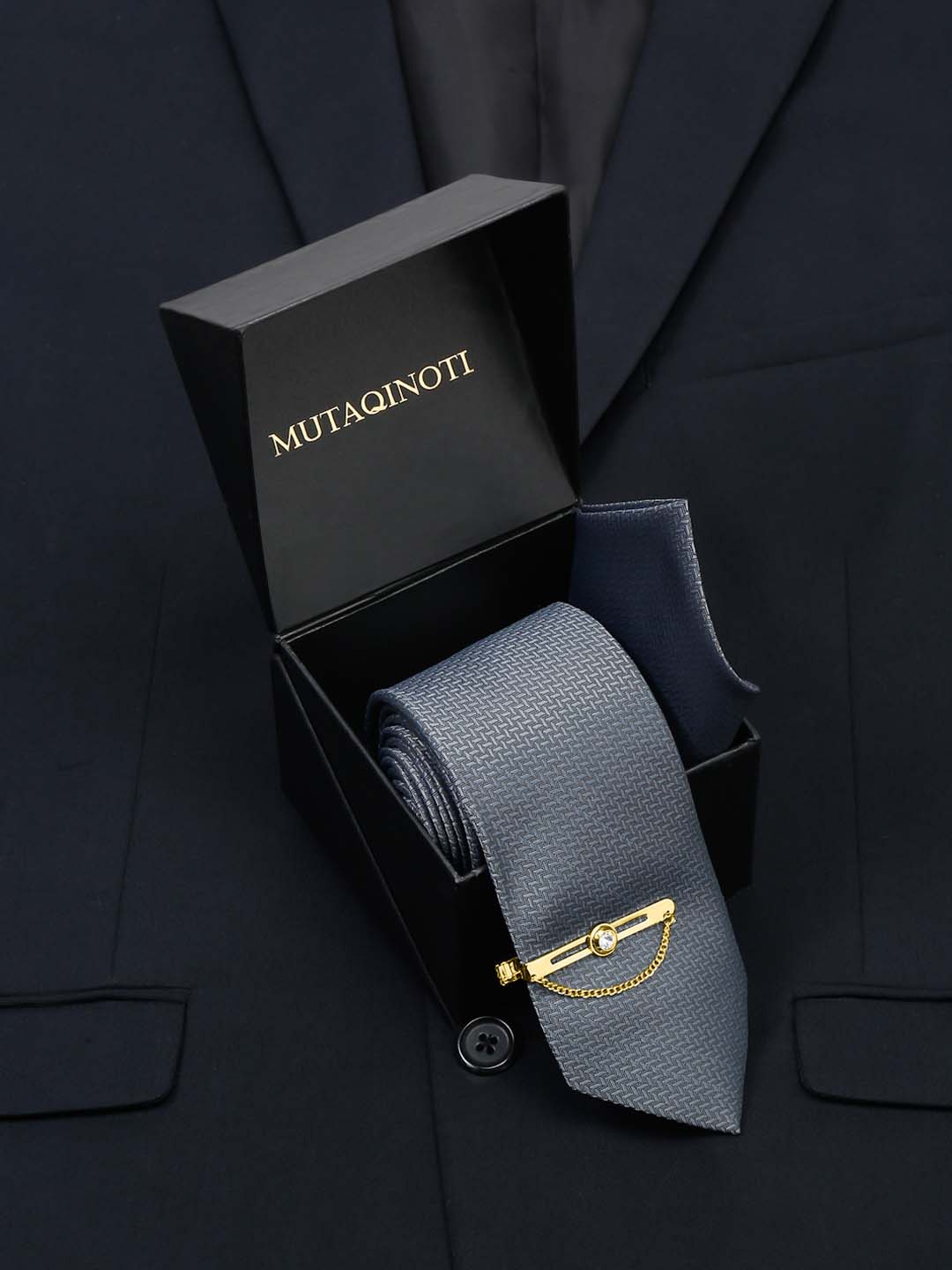 

MUTAQINOTI Men Silk Formal Necktie & Pocket Square & Tiepin Accessory Gift Set, Grey