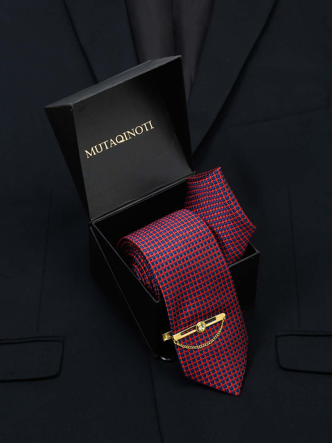 

MUTAQINOTI Men Geometric Woven Design Silk Accessory Gift Set, Red