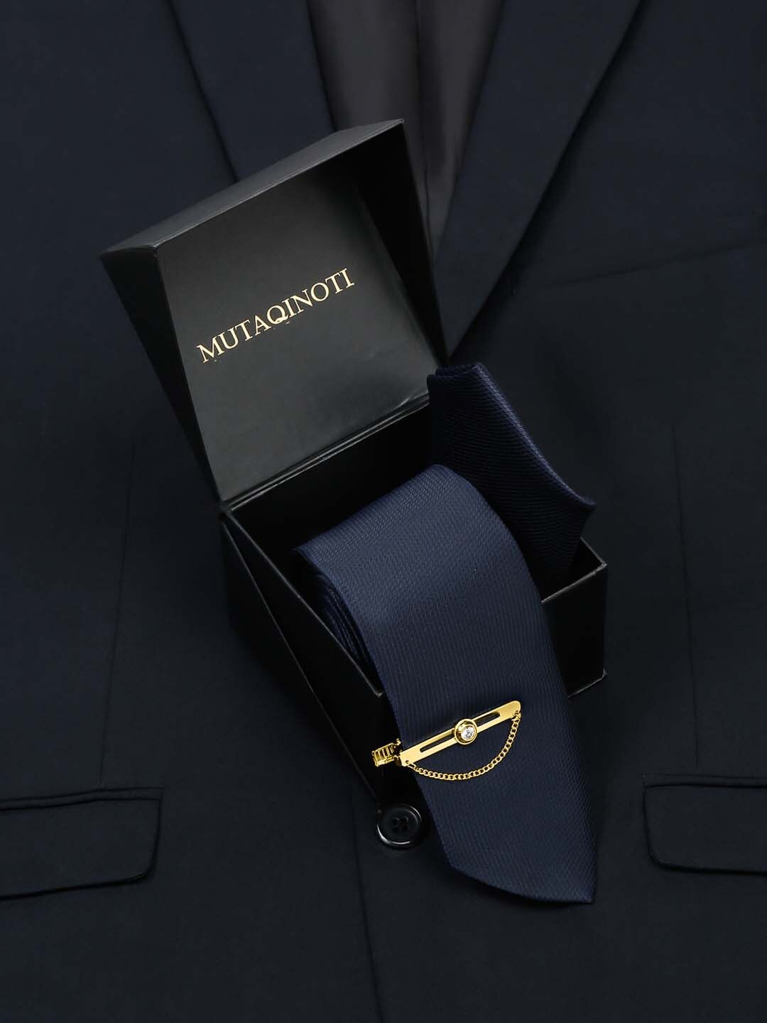 

MUTAQINOTI Men Silk Formal Accessory Gift Set, Navy blue
