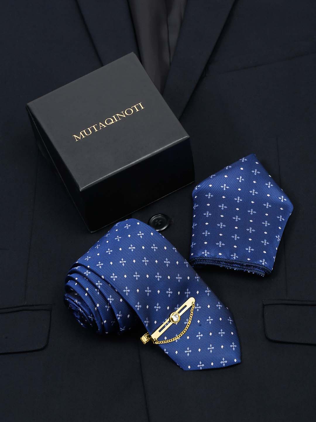

MUTAQINOTI Men Silk Necktie Accessory Gift Set, Navy blue
