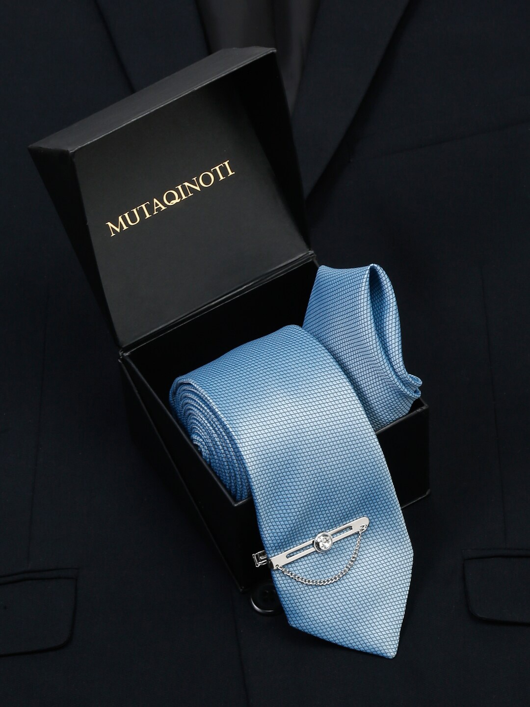 

MUTAQINOTI Men Silk Formal Necktie Accessory Gift Set, Blue