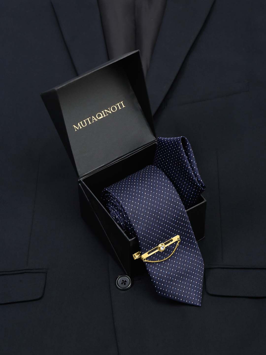 

MUTAQINOTI Men Silk Necktie Accessory Gift Set, Navy blue