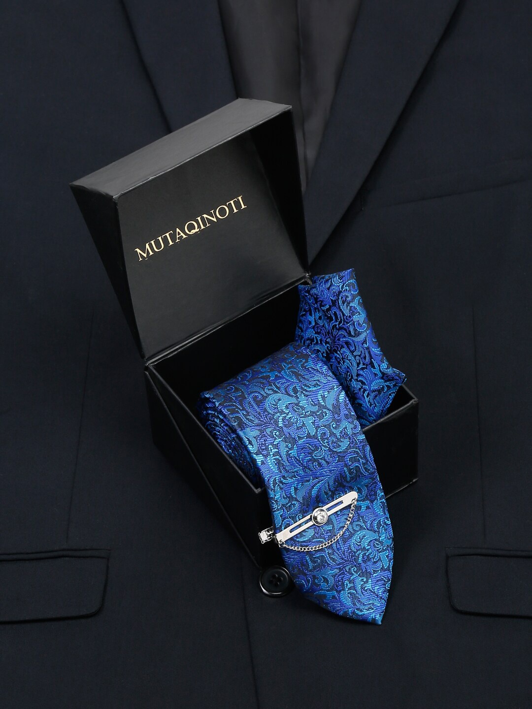 MUTAQINOTI Men Silk Necktie Accessory Gift Set, Blue