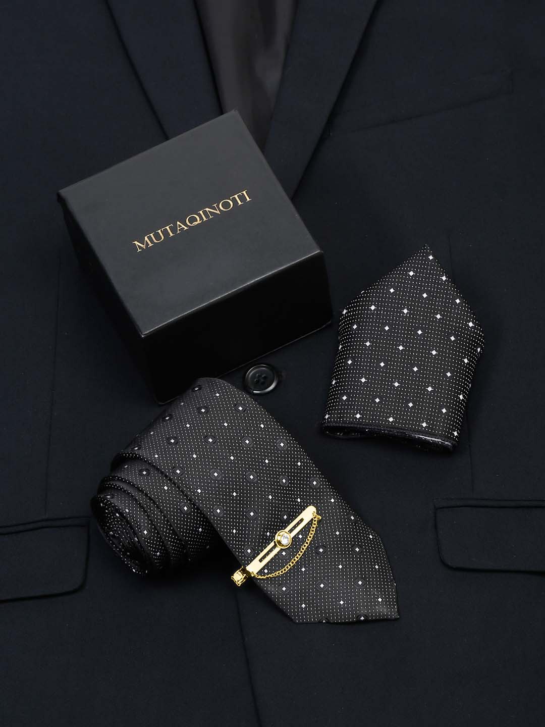 

MUTAQINOTI Printed Silk Blend Necktie Accessory Gift Set, Black