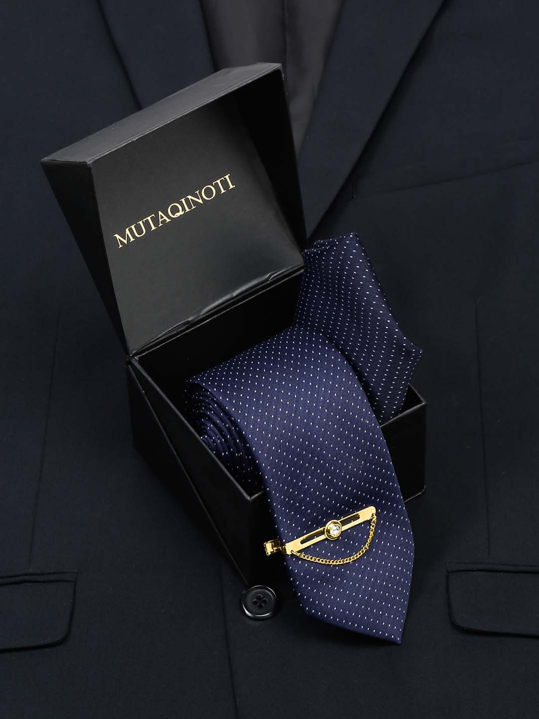 MUTAQINOTI Men Printed Silk Formal Accessory Gift Set, Navy blue