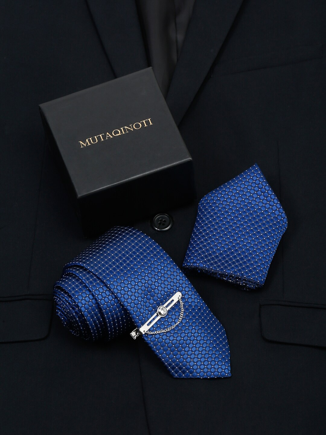 

MUTAQINOTI Men Silk Necktie Accessory Gift Set, Navy blue