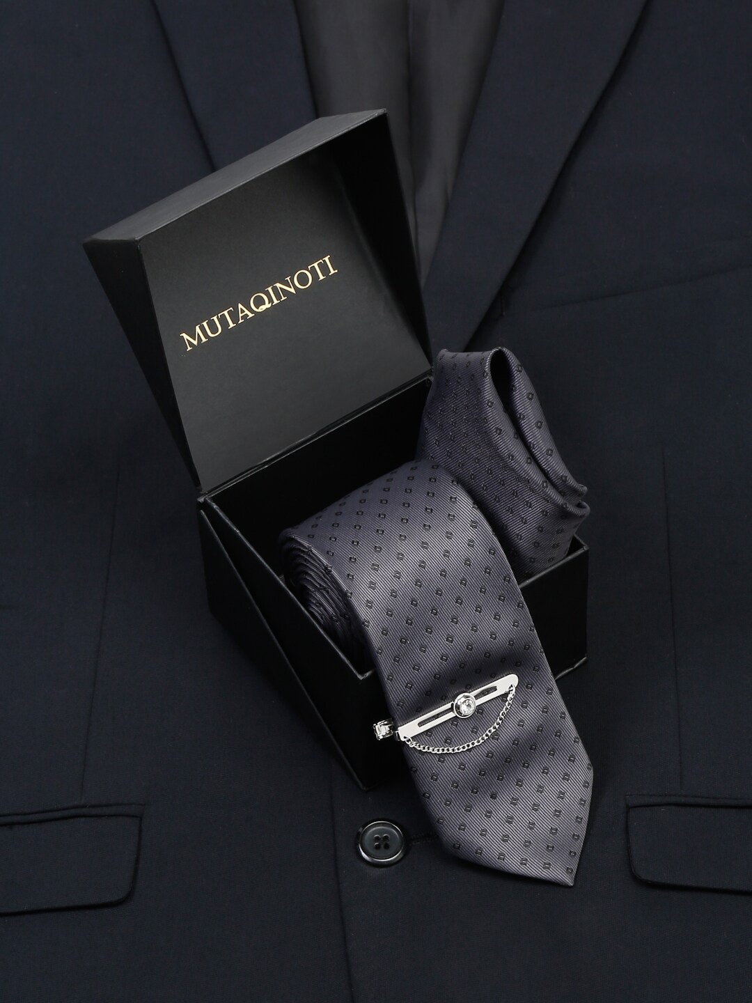 MUTAQINOTI Men Dotted Silk Necktie Accessory Gift Set, Grey