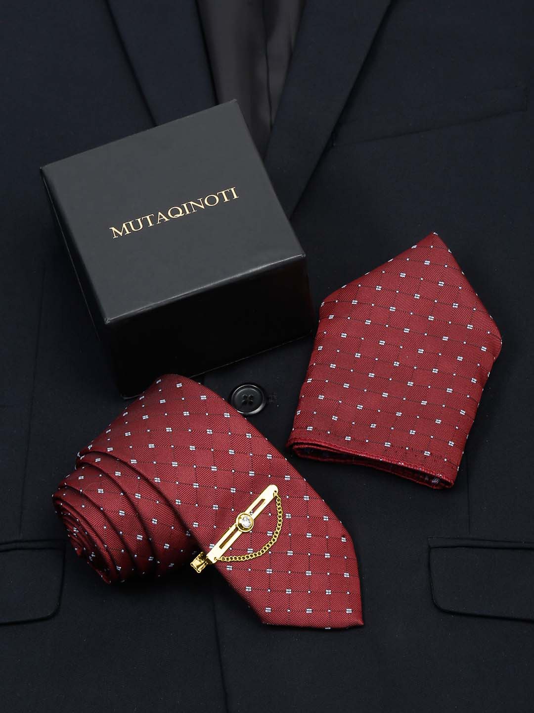 

MUTAQINOTI Men Silk Necktie Accessory Gift Set, Maroon