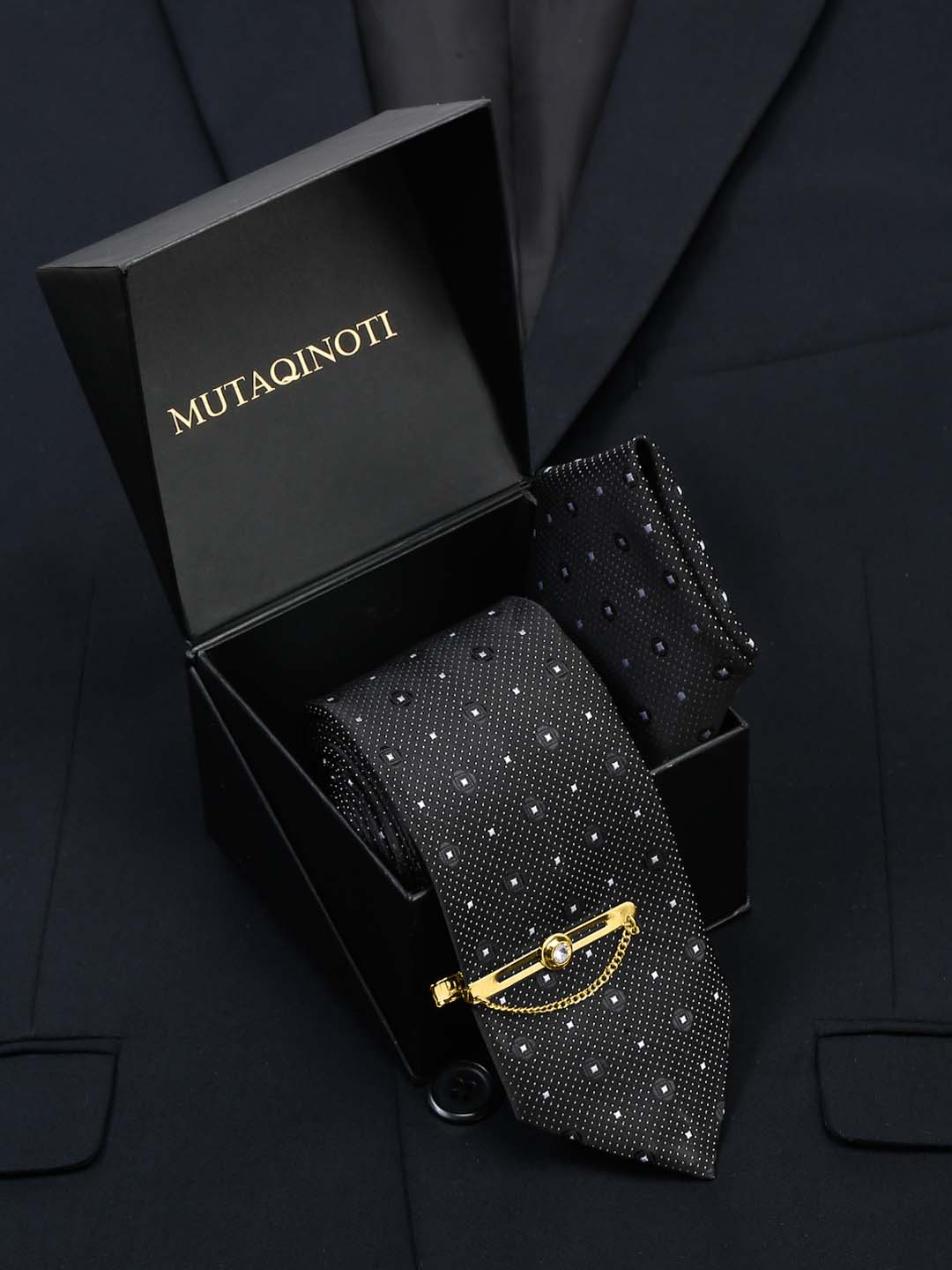 

MUTAQINOTI Men Checkered Silk Necktie Accessory Gift Set, Black