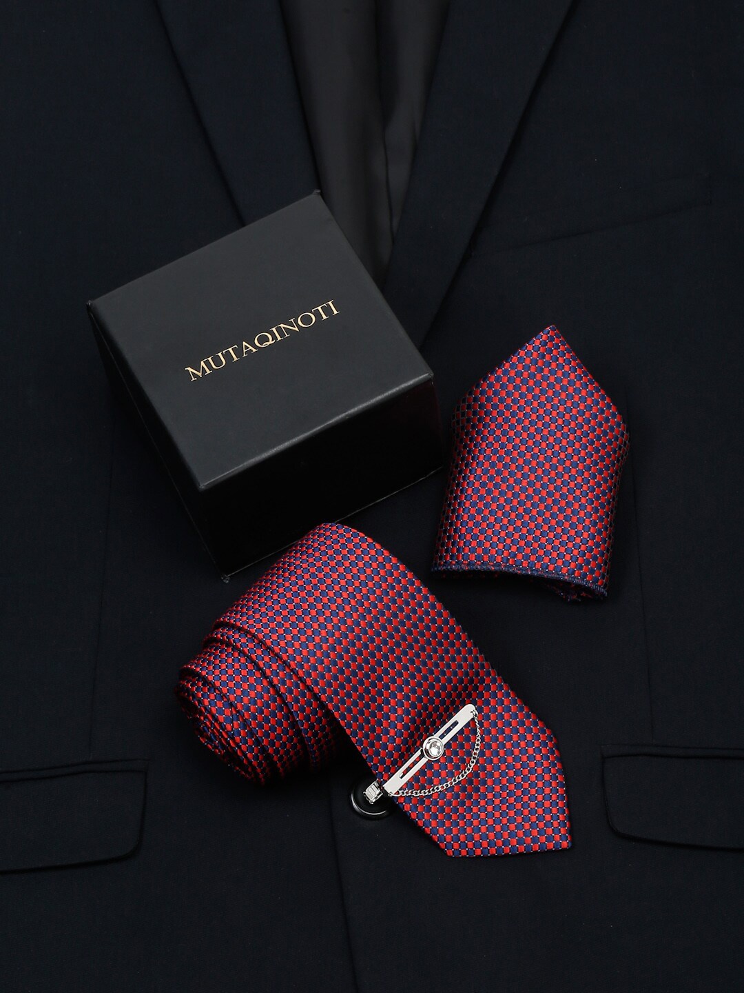 

MUTAQINOTI Men Geometric Woven Design Silk Accessory Gift Set, Red
