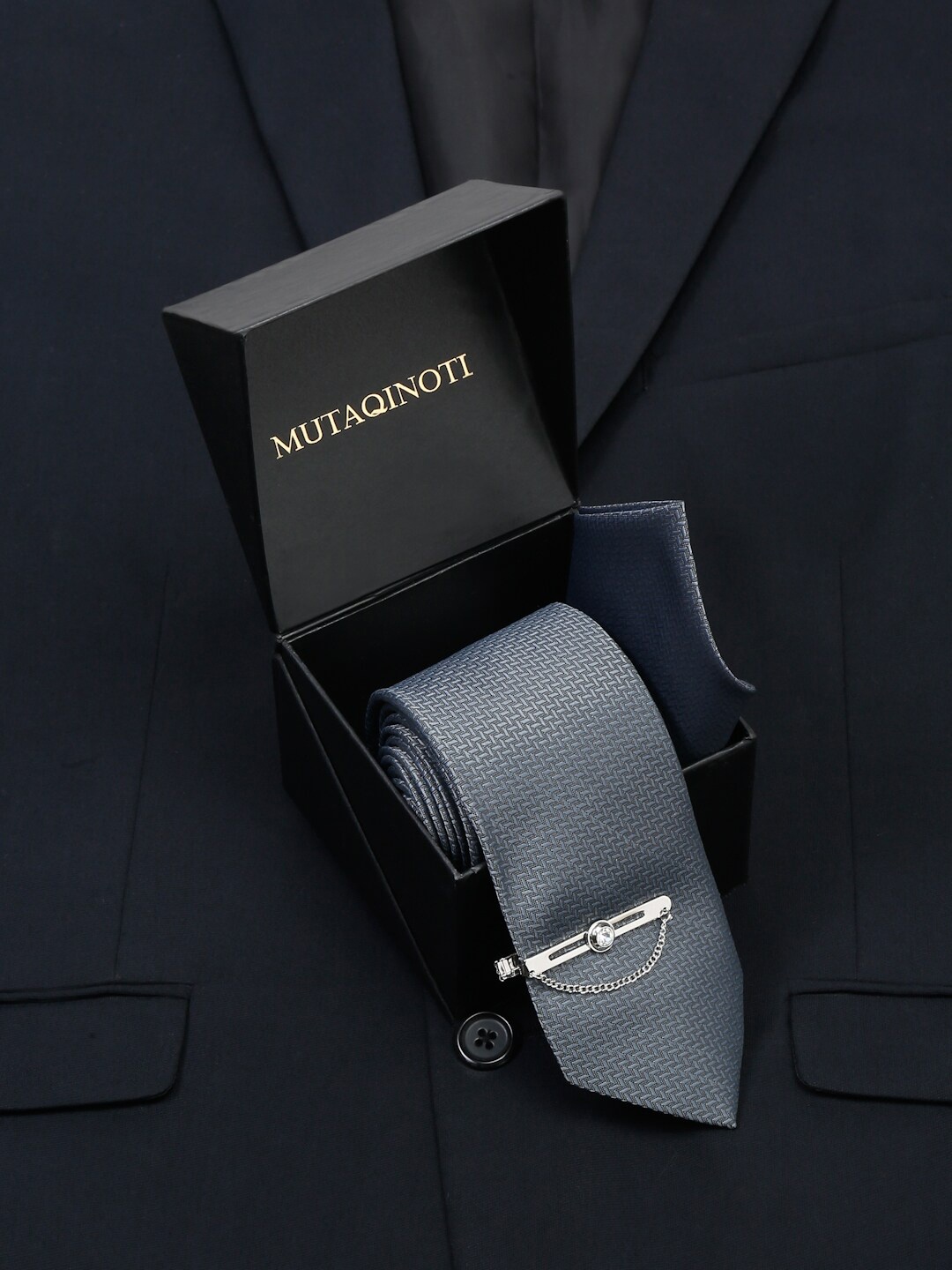 

MUTAQINOTI Men Self Design Silk Accessory Gift Set, Grey