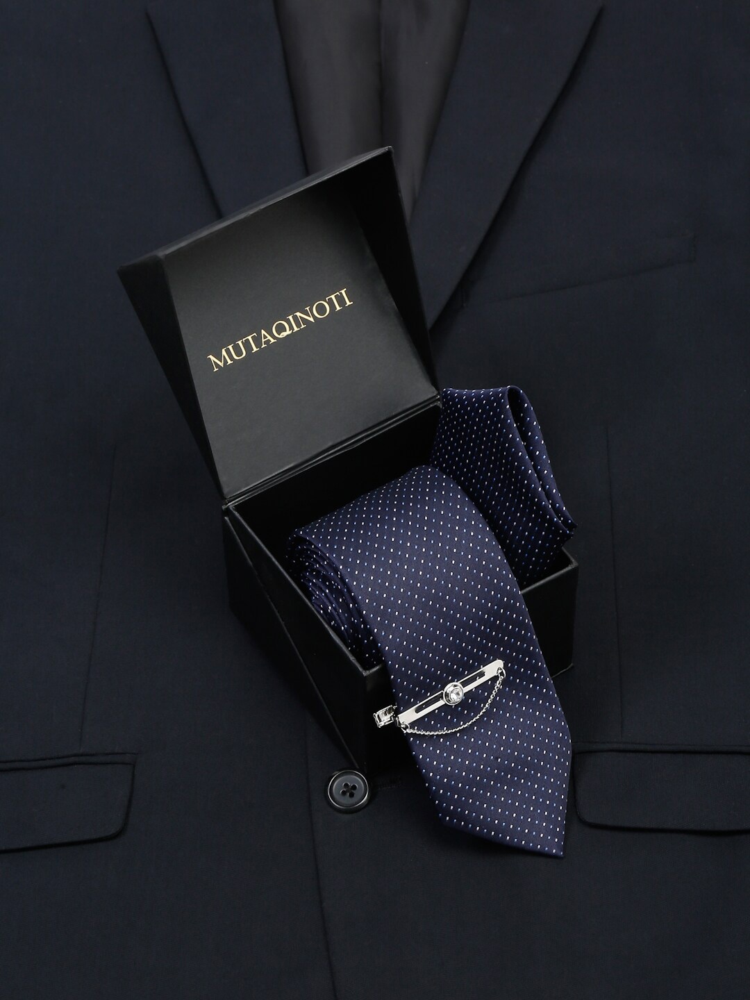

MUTAQINOTI Men Checkered Silk Necktie Accessory Gift Set, Navy blue