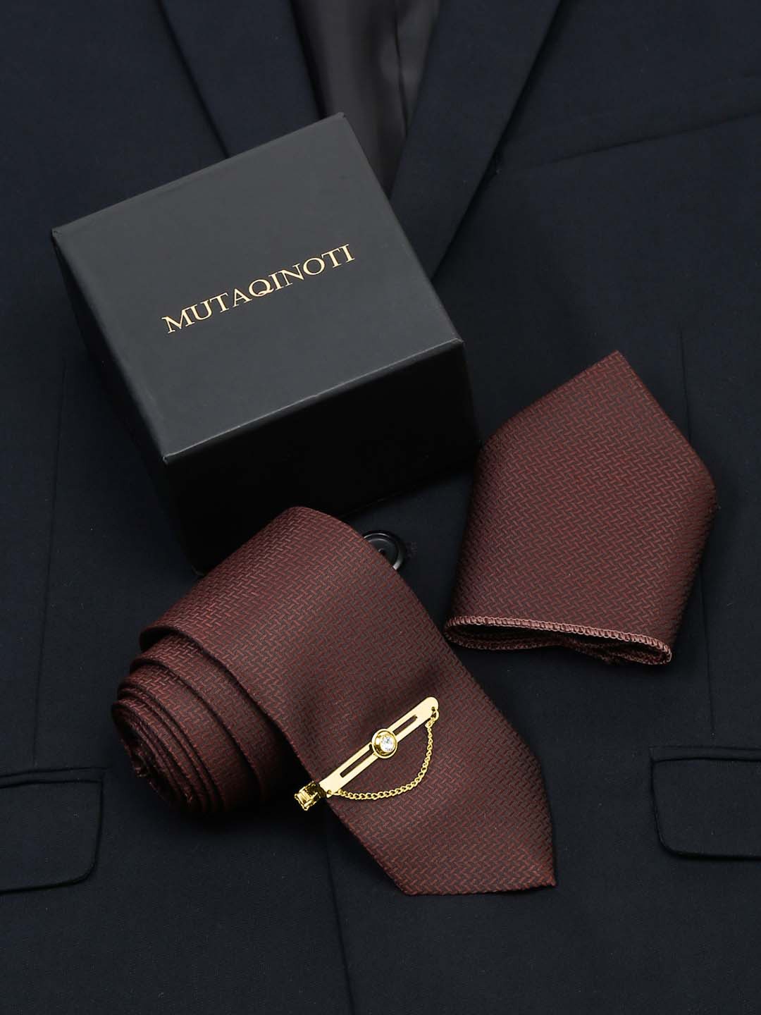 

MUTAQINOTI Men Woven Design Silk Formal Accessory Gift Set, Brown