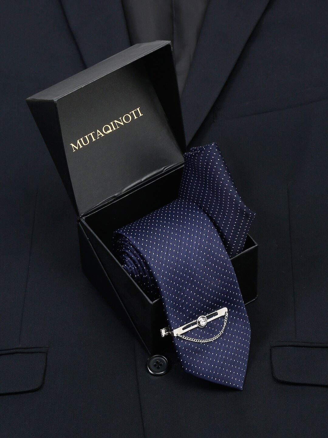 

MUTAQINOTI Men Printed Silk Accessory Gift Set, Navy blue