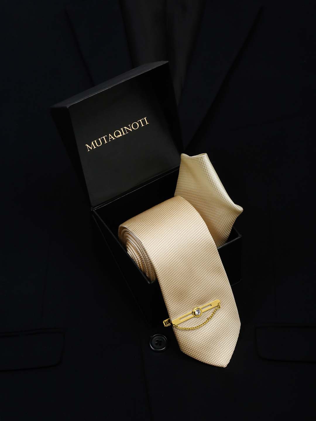 

MUTAQINOTI Men Silk Blend Necktie Accessory Gift Set, Cream