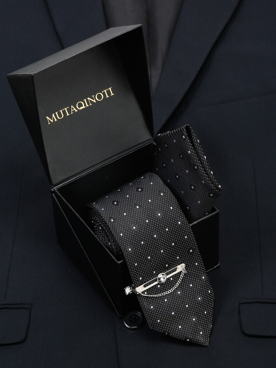 

MUTAQINOTI Men Silk Formal Necktie Accessory Gift Set, Black