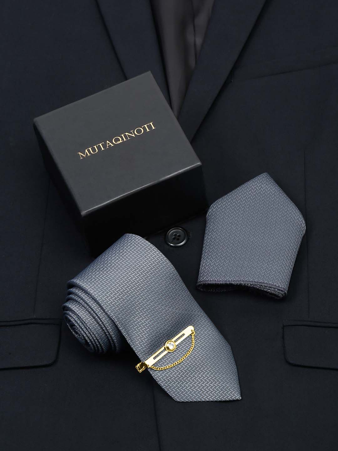 

MUTAQINOTI Men Silk Necktie Accessory Gift Set, Grey