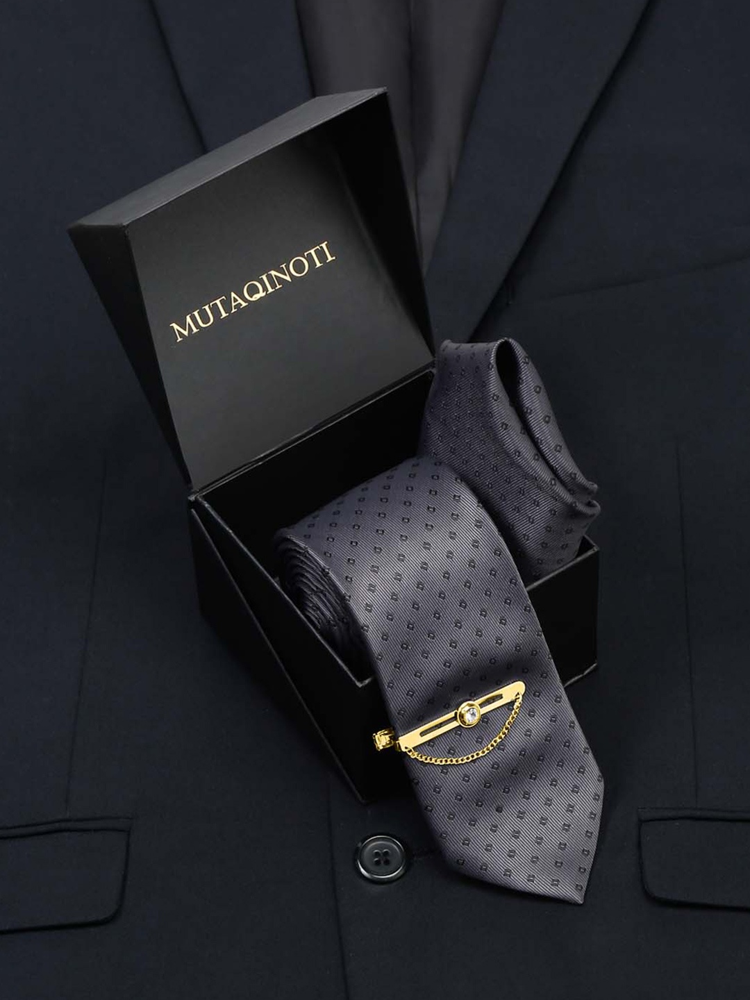 

MUTAQINOTI Men Silk Necktie Accessory Gift Set, Grey
