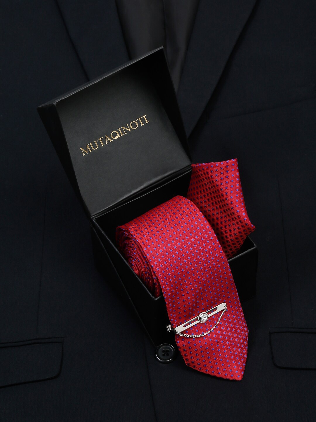 MUTAQINOTI Men Printed Silk Formal Accessory Gift Set, Red