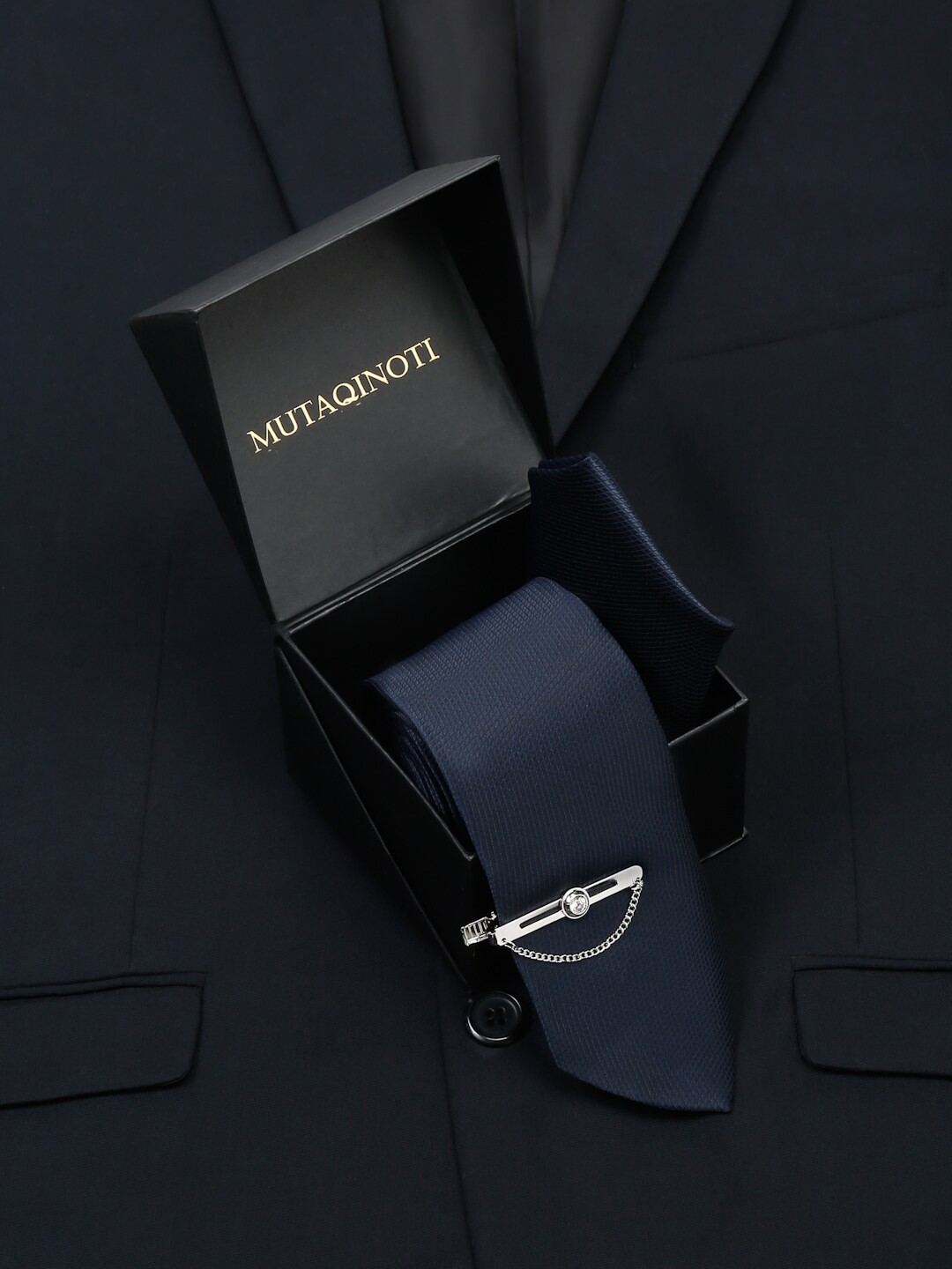 

MUTAQINOTI Men Checked Silk Formal Accessory Gift Set, Navy blue