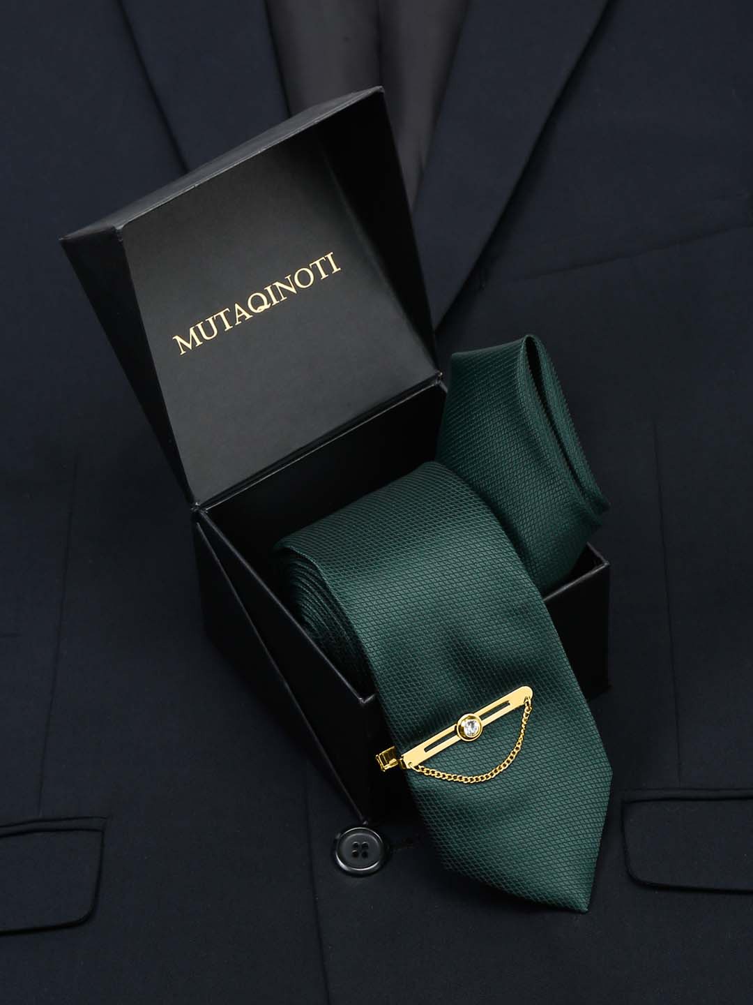 

MUTAQINOTI Men Checkered Silk Necktie Accessory Gift Set, Green