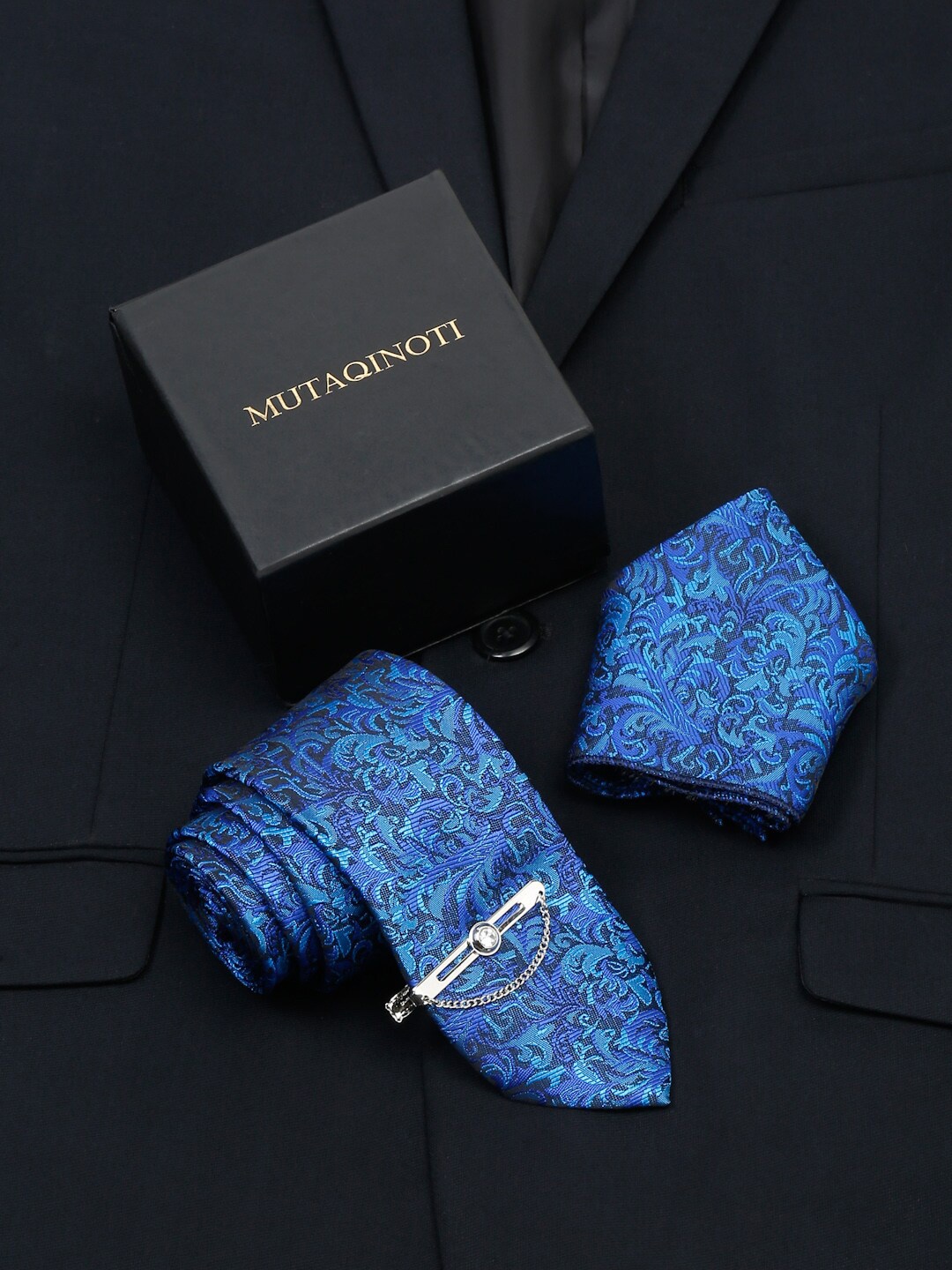 

MUTAQINOTI Men Printed Silk Necktie Accessory Gift Set, Blue