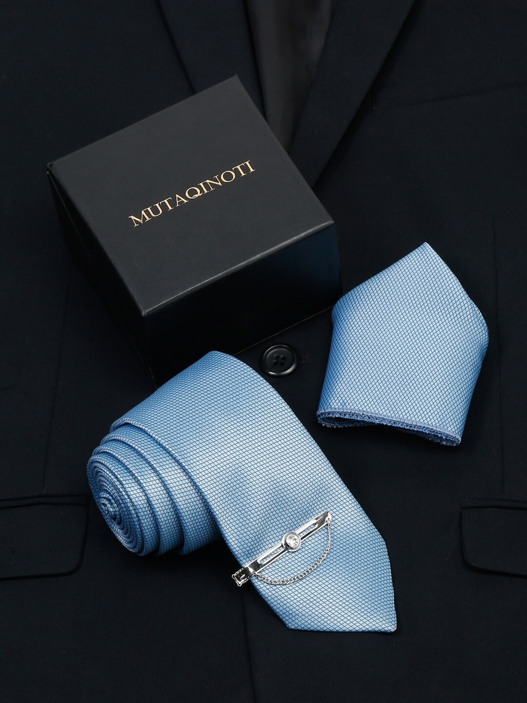 

MUTAQINOTI Men Silk Necktie Accessory Gift Set, Blue