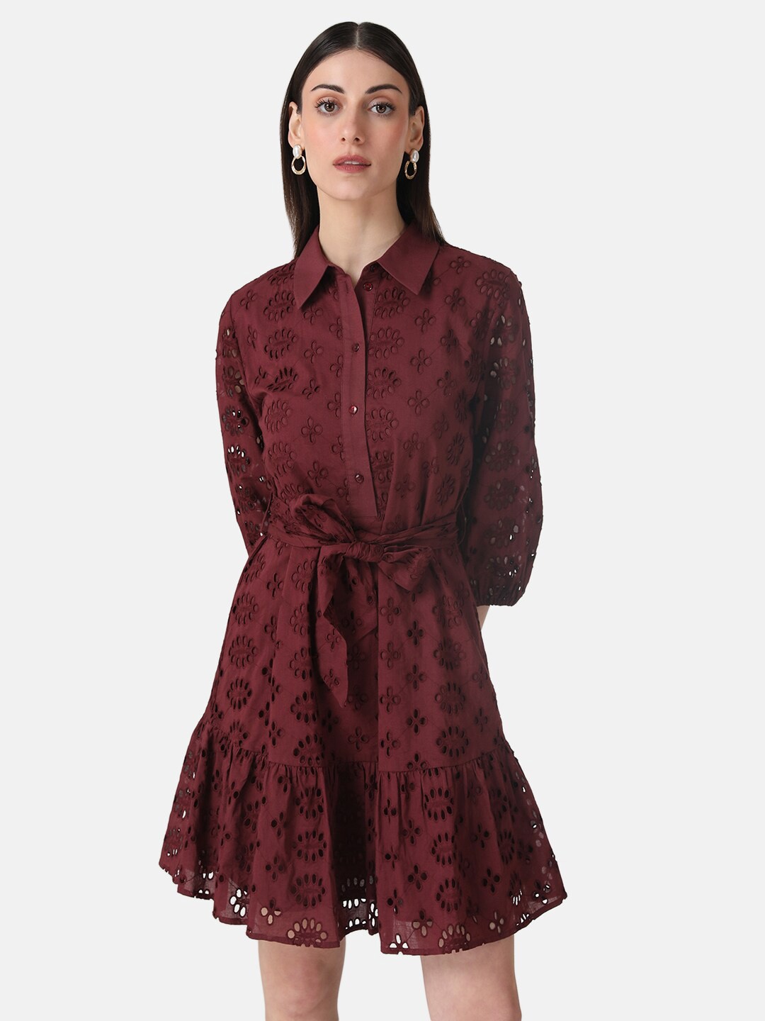 

Kazo Self Design Schiffli Cotton Shirt Dress, Maroon