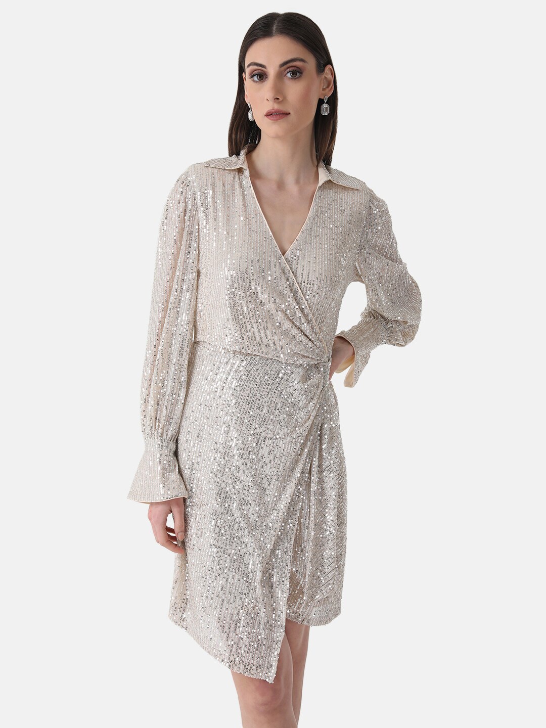 

Kazo Embellished Sequined Detail Asymmetric Party Wrap Dress, Beige