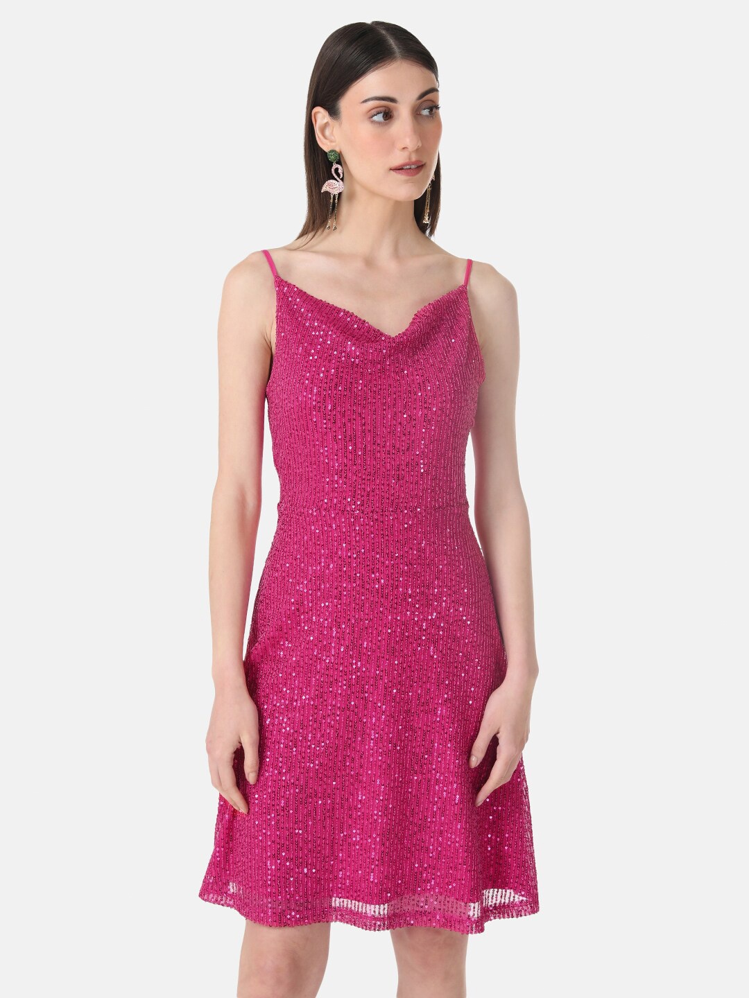 

Kazo Embellished Sequined Shoulder Straps A-Line Dress, Pink